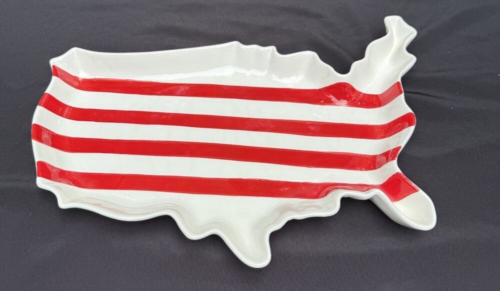 United States USA Shaped White & Red Ceramic Platter TRANSPAC EUC
